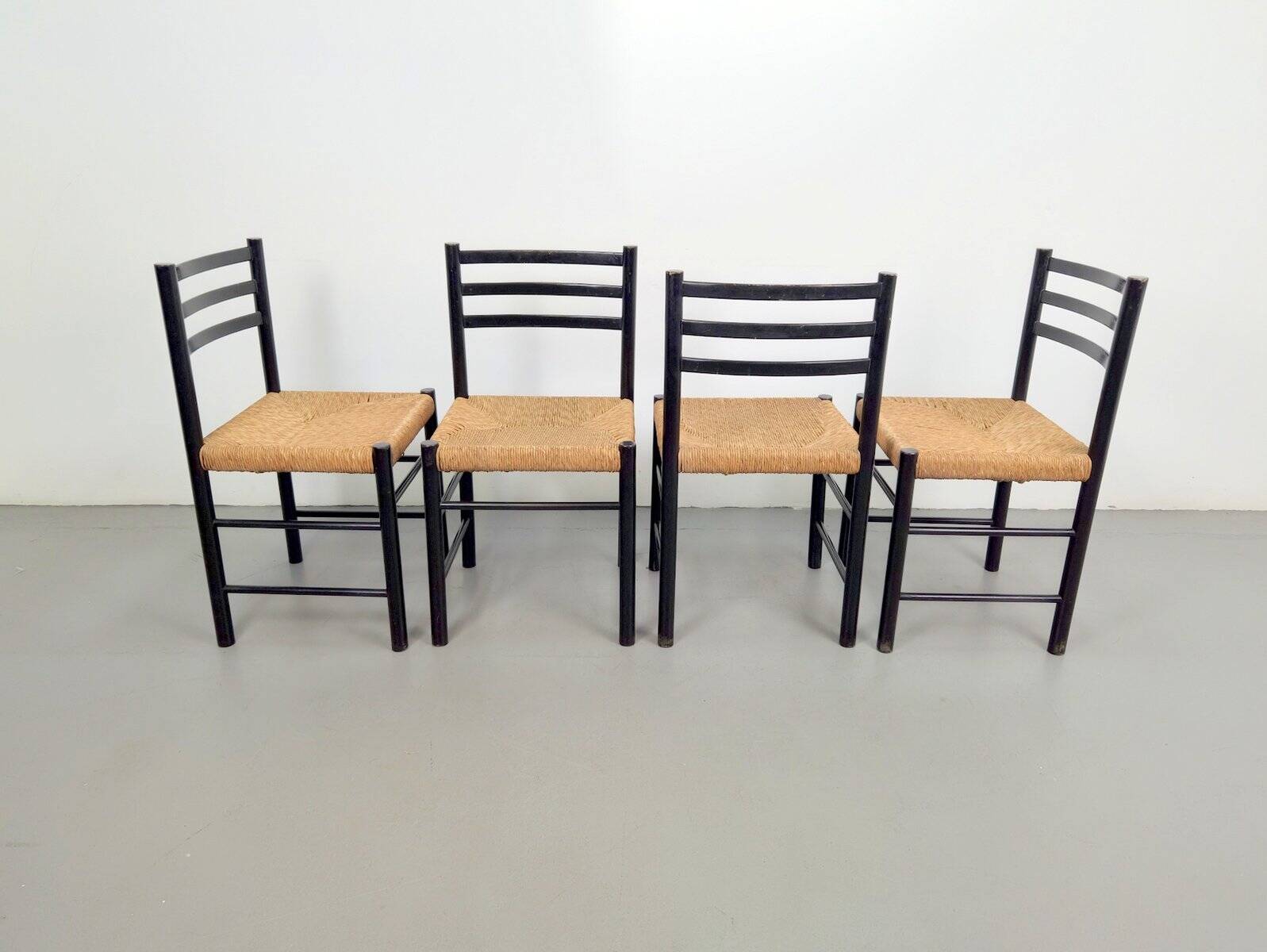 Mid-Century Dining Ladder Chairs with Rush Seats, 1960s, Set of 4