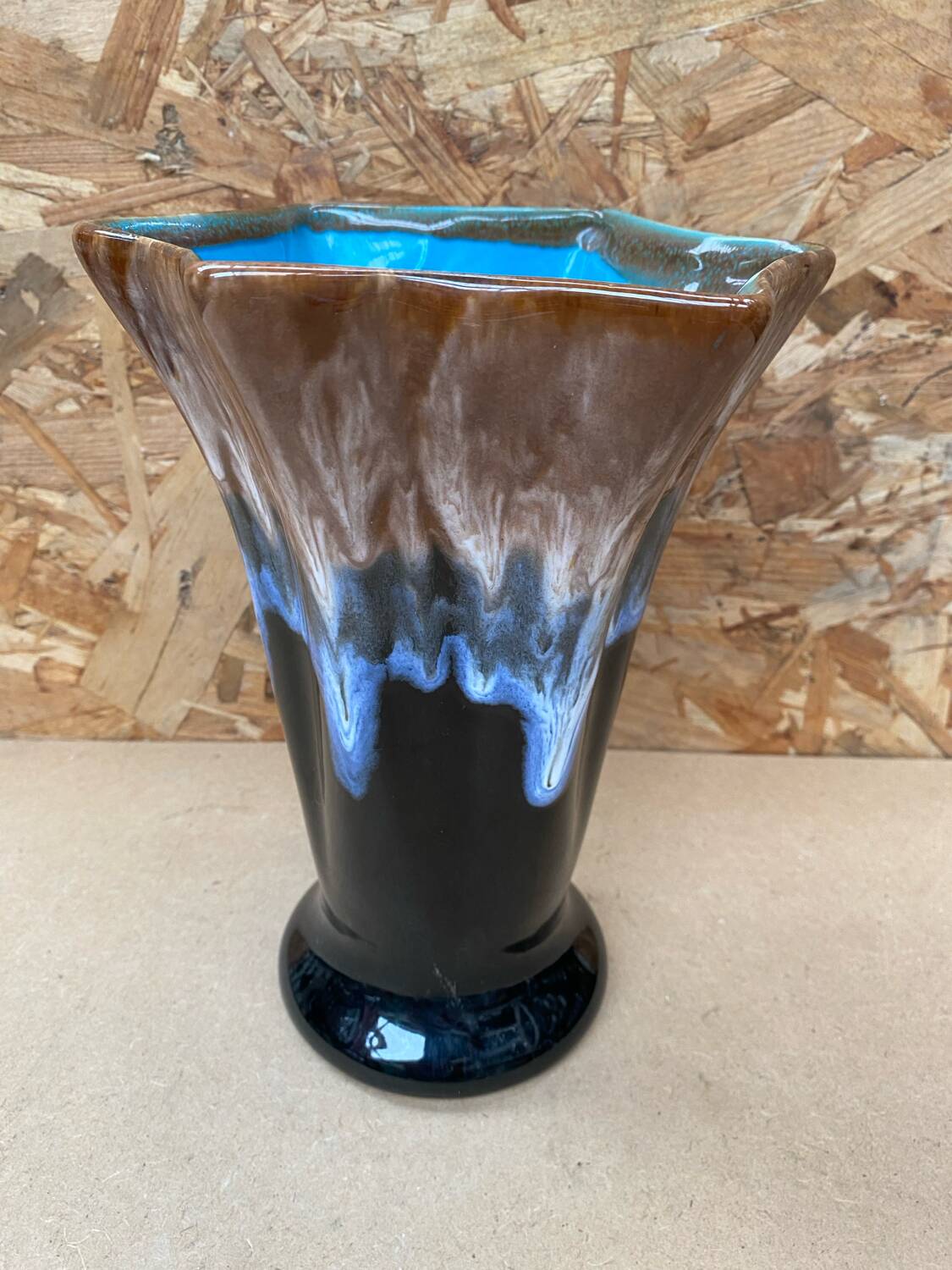 Antique Vallauris Style Ceramic Vase Black Blue Beige Vintage