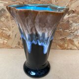Antique Vallauris Style Ceramic Vase Black Blue Beige Vintage