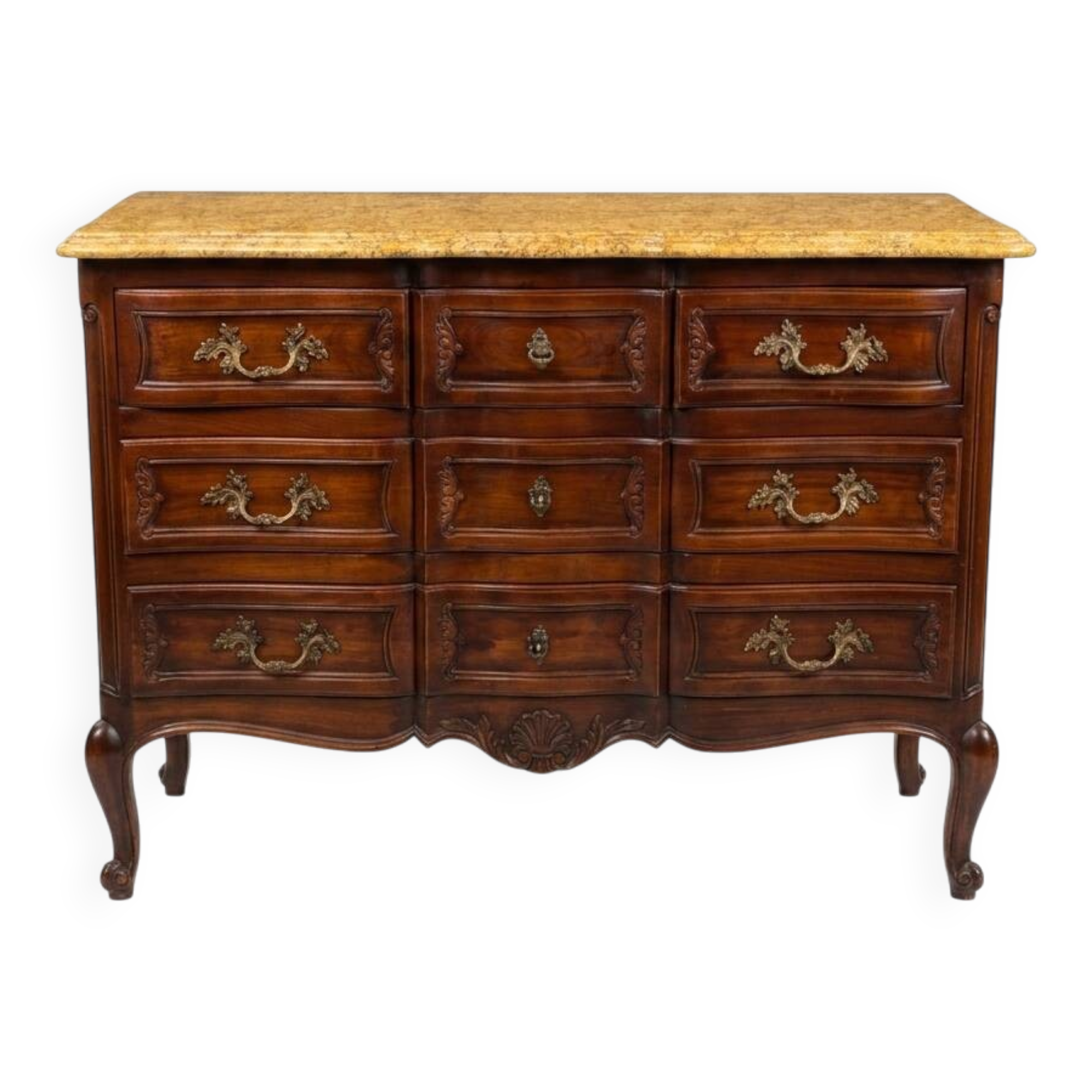Crossbow commode in solid cherry wood, Louis XV style with marble top.