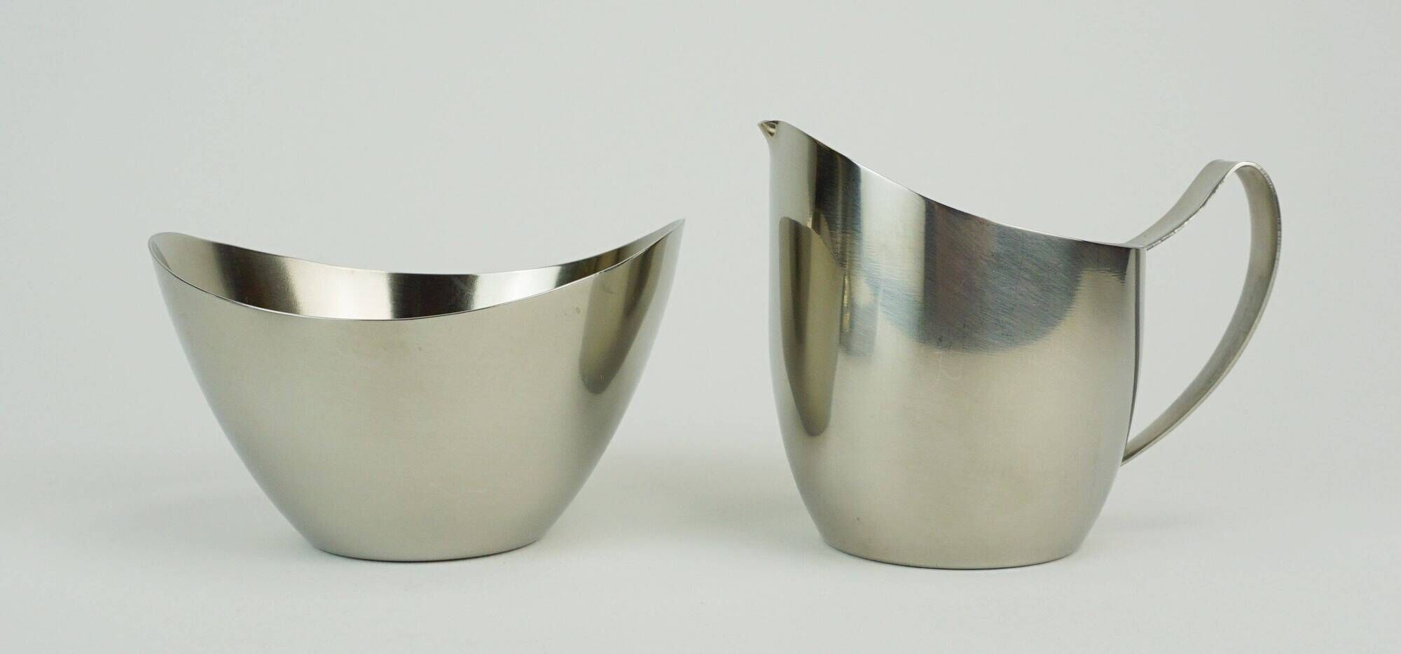 Danish 3-piece set sugar bowl creamer and tray stainless steel