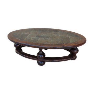 1980s vintage coffee table with slate and solid oak.