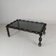 Vintage brutalist black iron chain link coffee table with original smoked glass, 70s