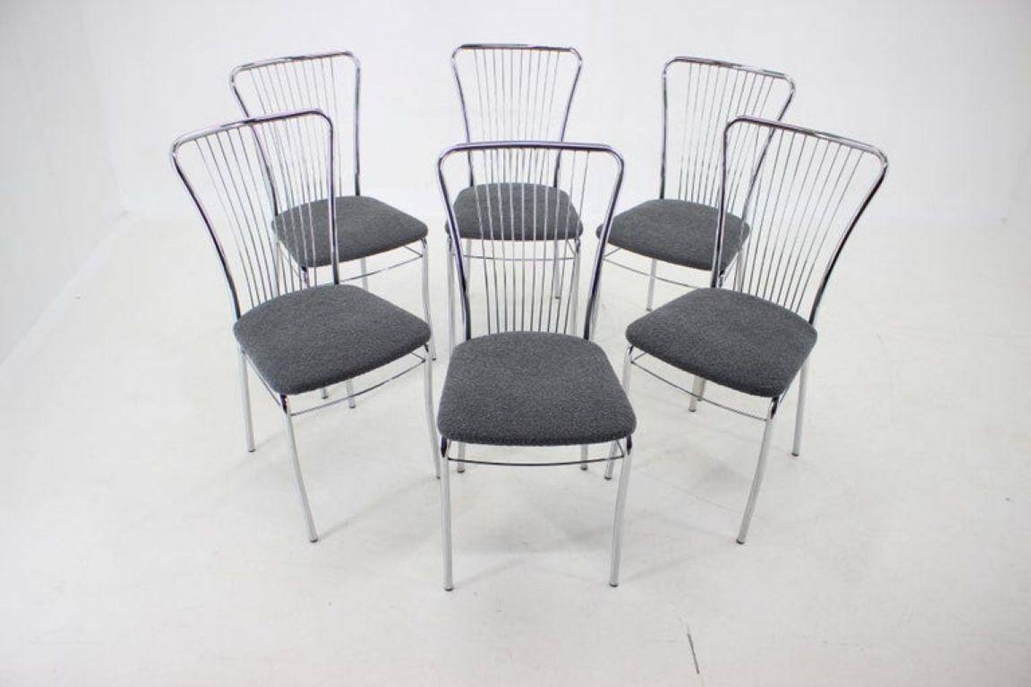Set of Six Italian Chrome and Bouclé Dining Chairs, 1970s
