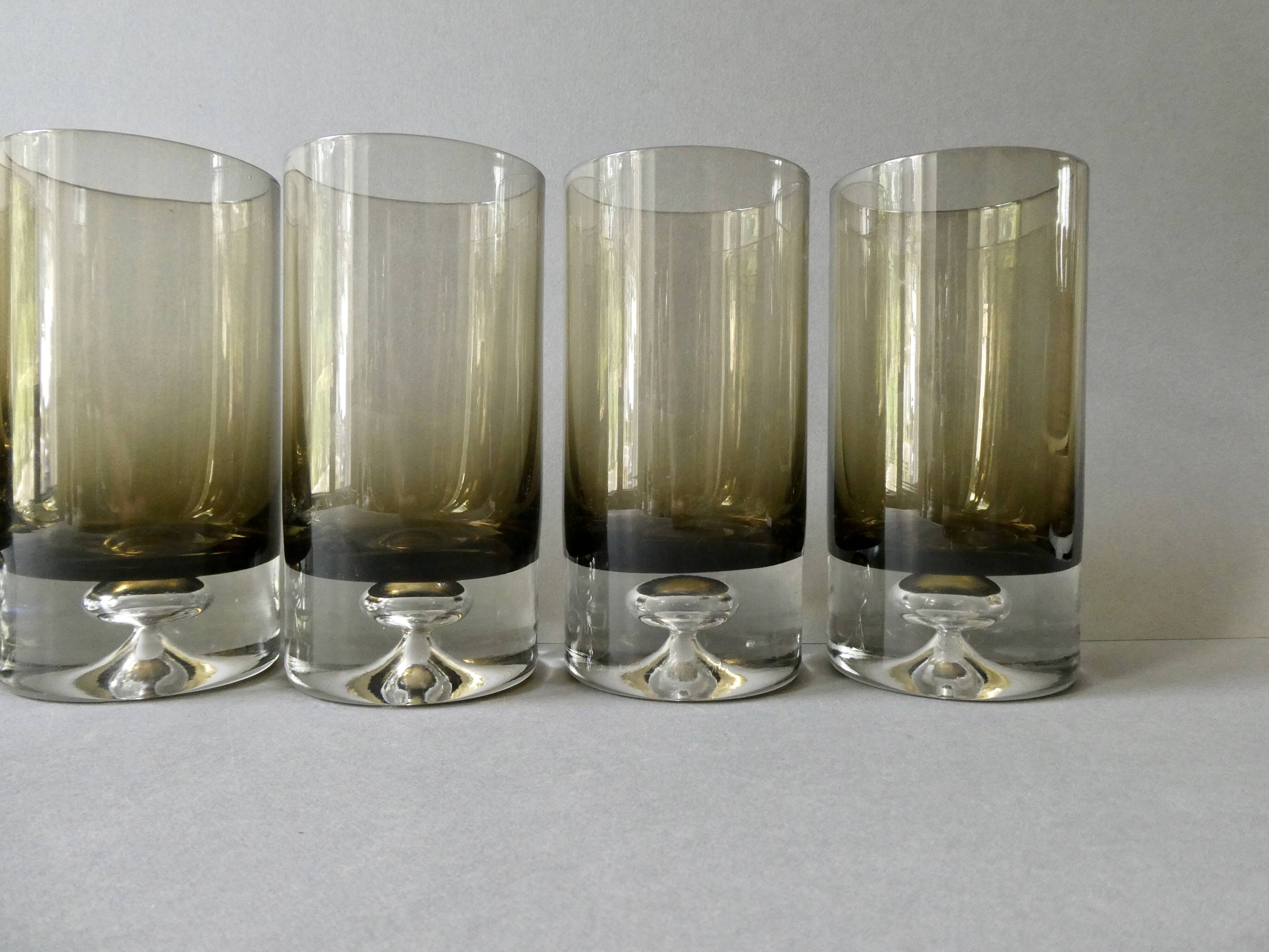 6 grands verres base bullée, verre fumé, années 60