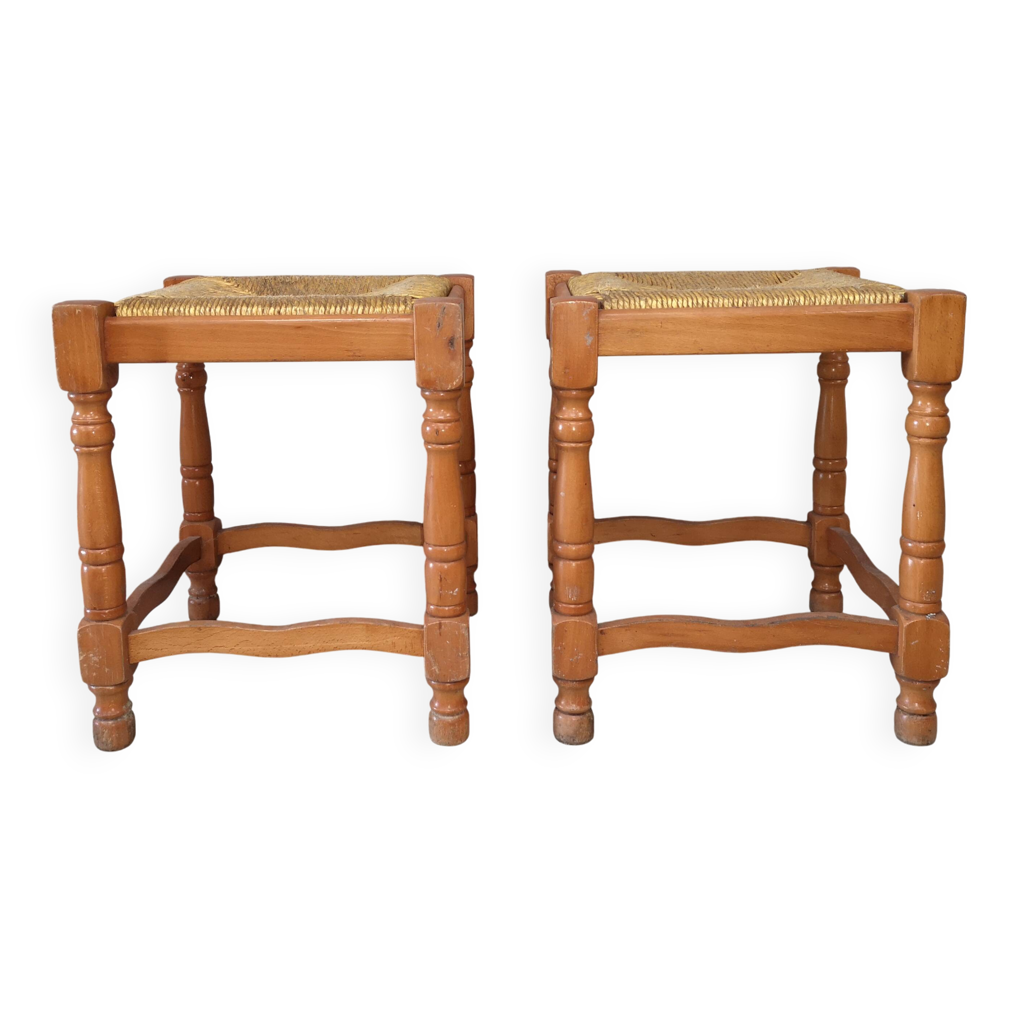 Paire de Tabourets Vintage Rustiques  Hêtre et Paille 1970 1980