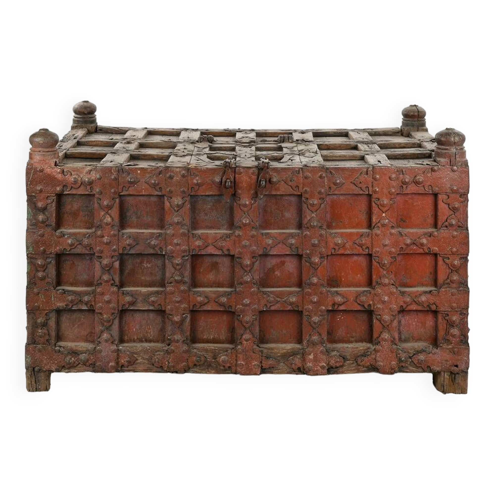 Large wooden and metal chest with red patina