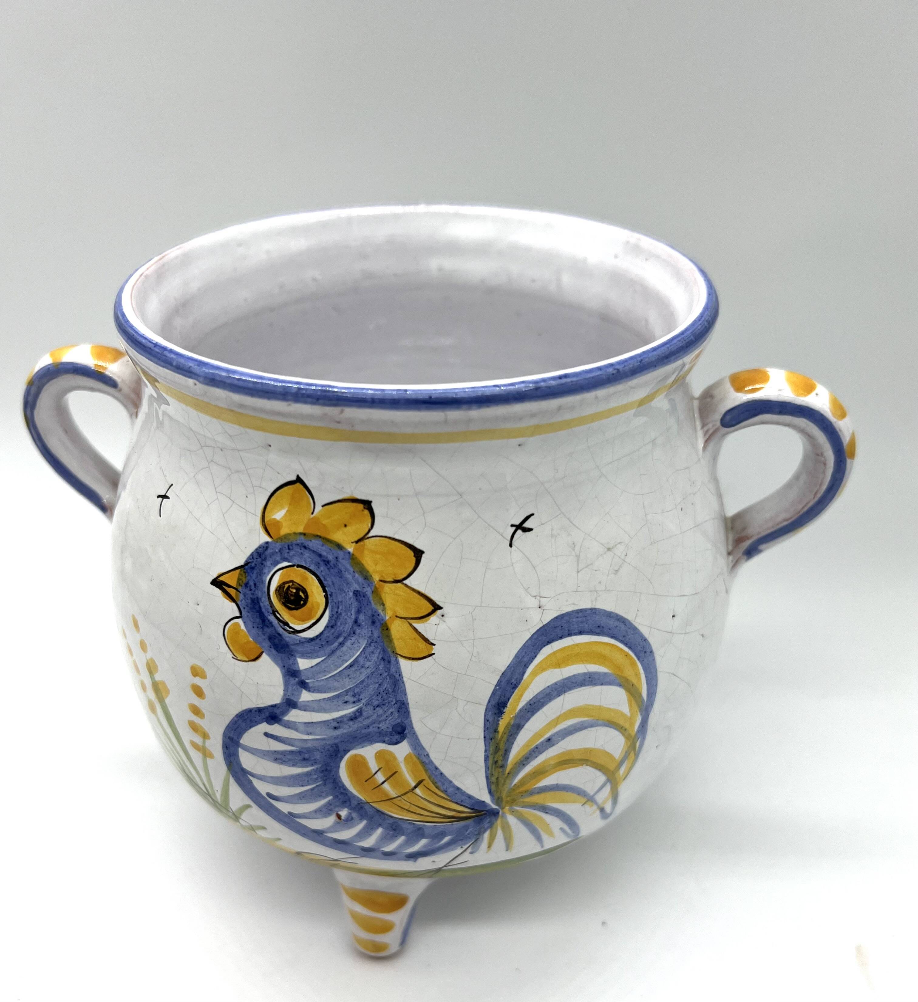 Covered earthenware pot with rustic decor – rooster motif – 20th century