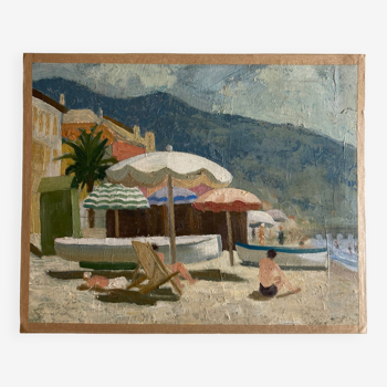 Scène de plage avec parasols, huile sur carton 1960