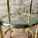 Vintage faux bamboo pedestal table in brass with 2 glass shelves