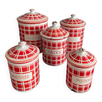 Set of 5 red tea towel enameled sheet metal pots