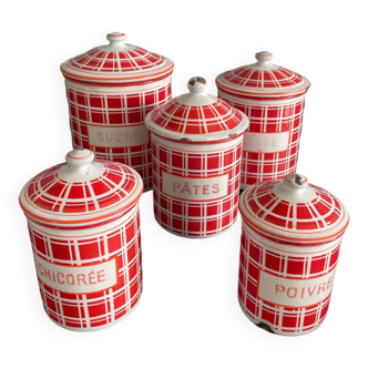 Lot de 5 pots en tôle émaillée torchon rouge