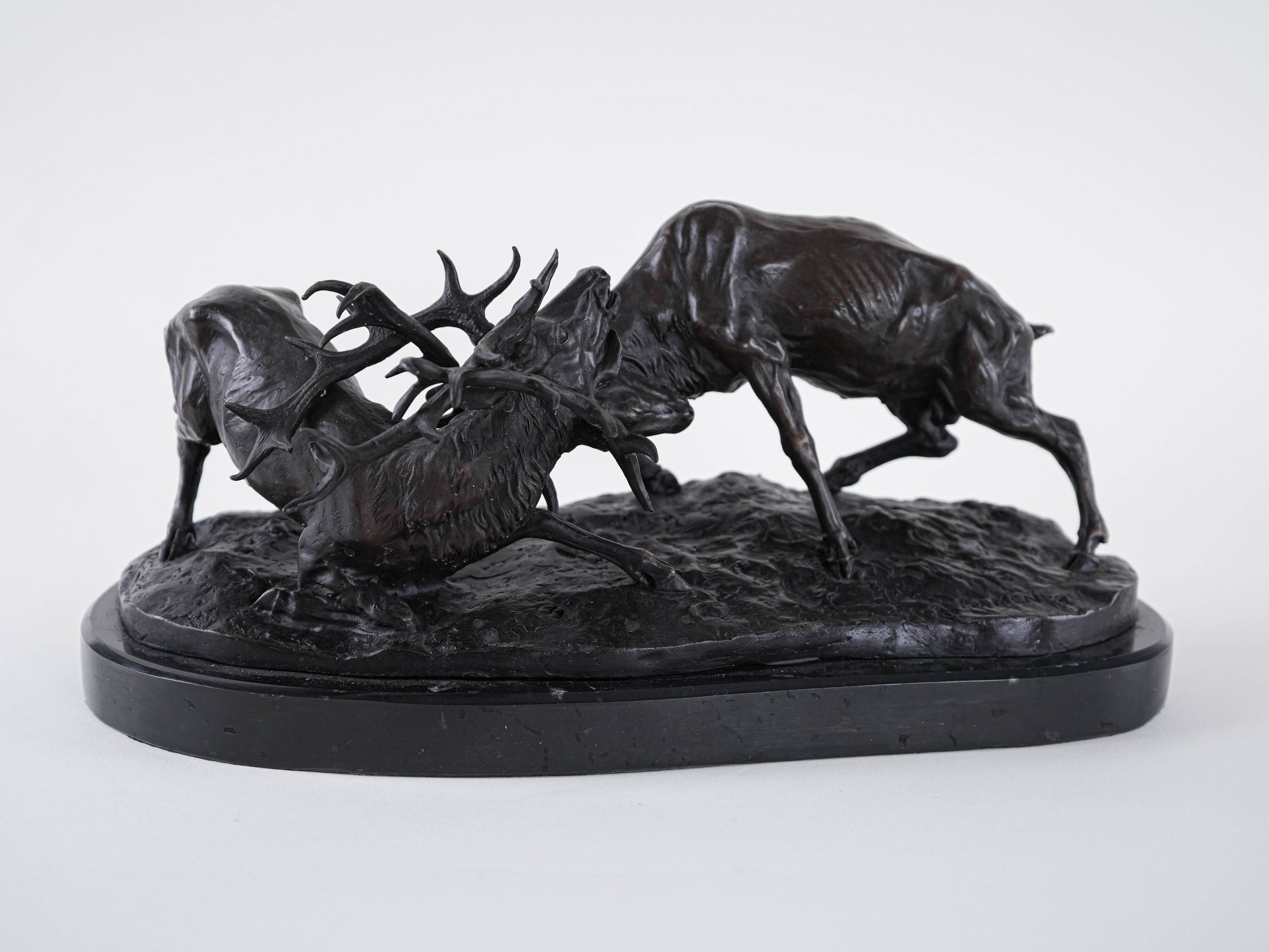 Fighting stags bronze sculpture by Pierre-Jules Mêne French animalier art