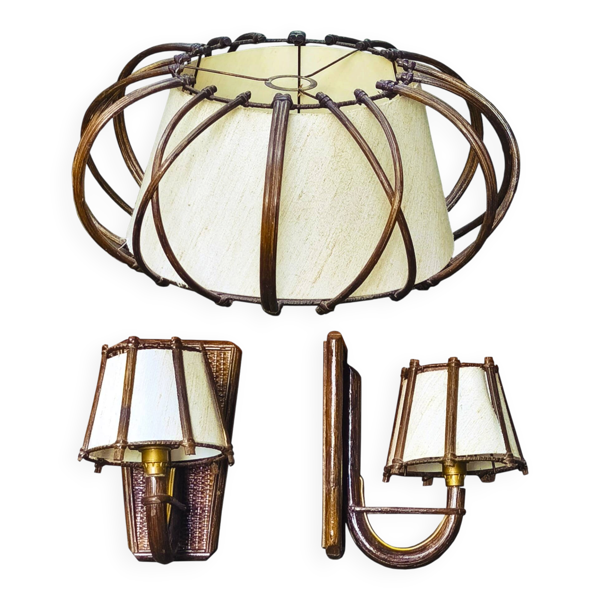Suspension light and its 2 rattan wall lights by Louis Sognot, 1950s