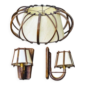Suspension light and its 2 rattan wall lights by Louis Sognot, 1950s