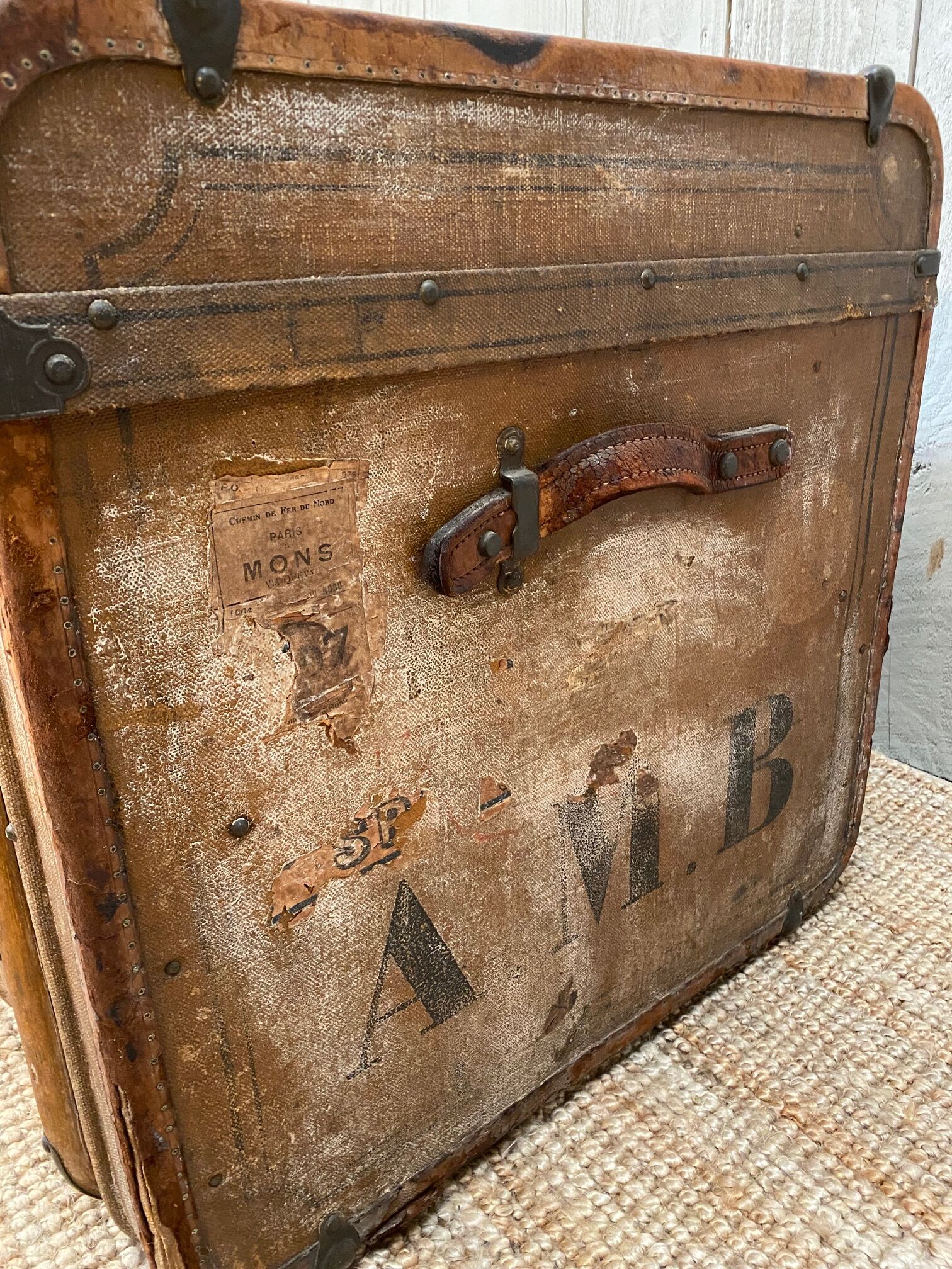 Antique trunk monogrammed coated canvas