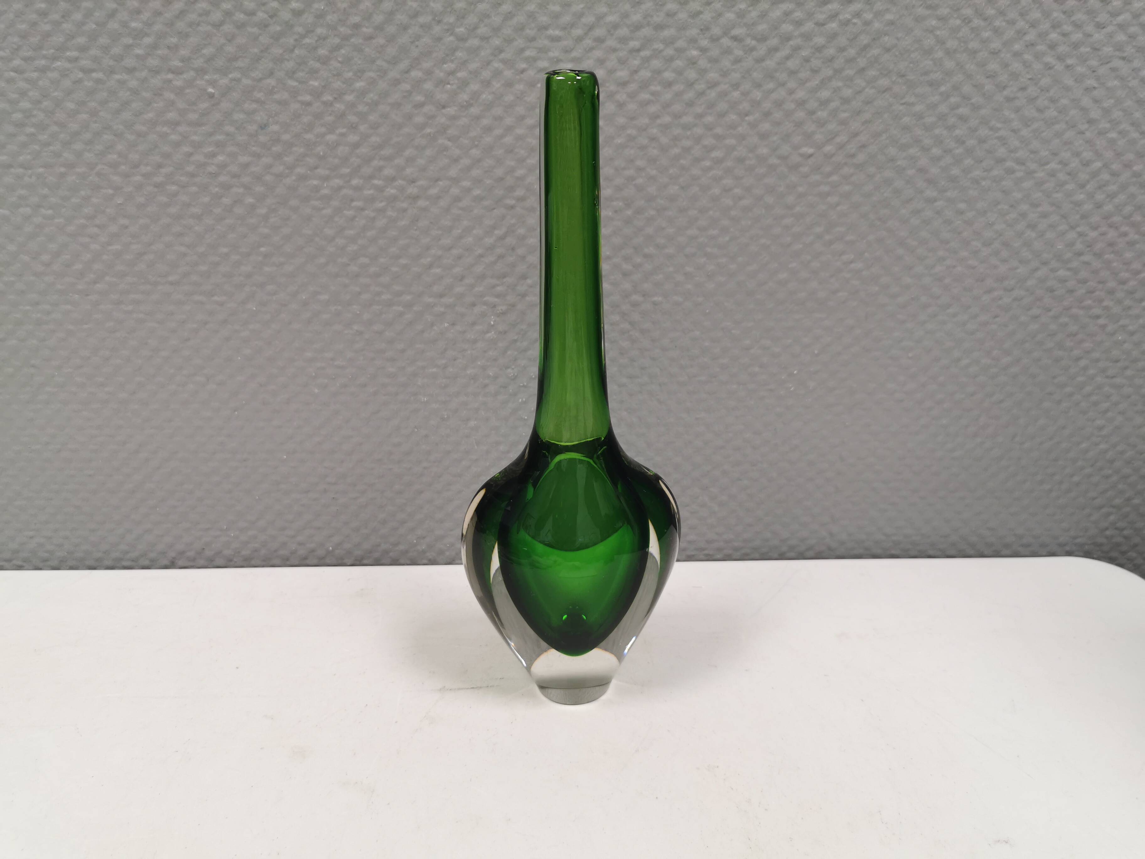 Handmade Murano vase in green and transparent. Estimated 1970-1980