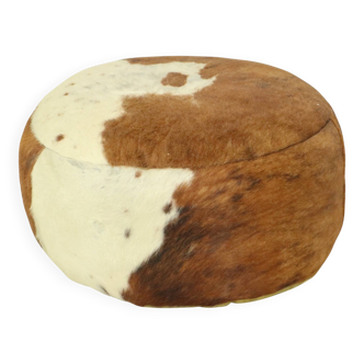 Low Round Vintage Pouf Cowhide Leather Sixties