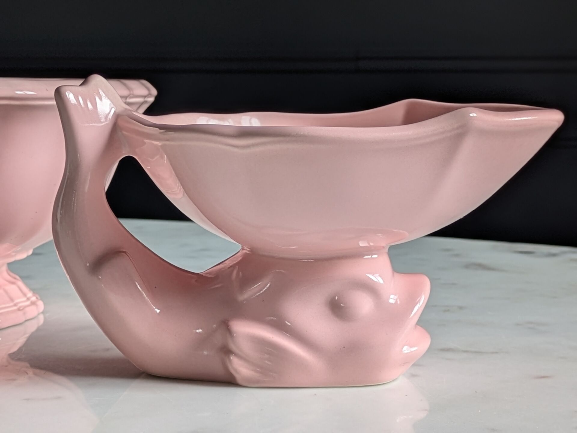 Vintage powder pink earthenware duo. Salins les Bains. 1950s.