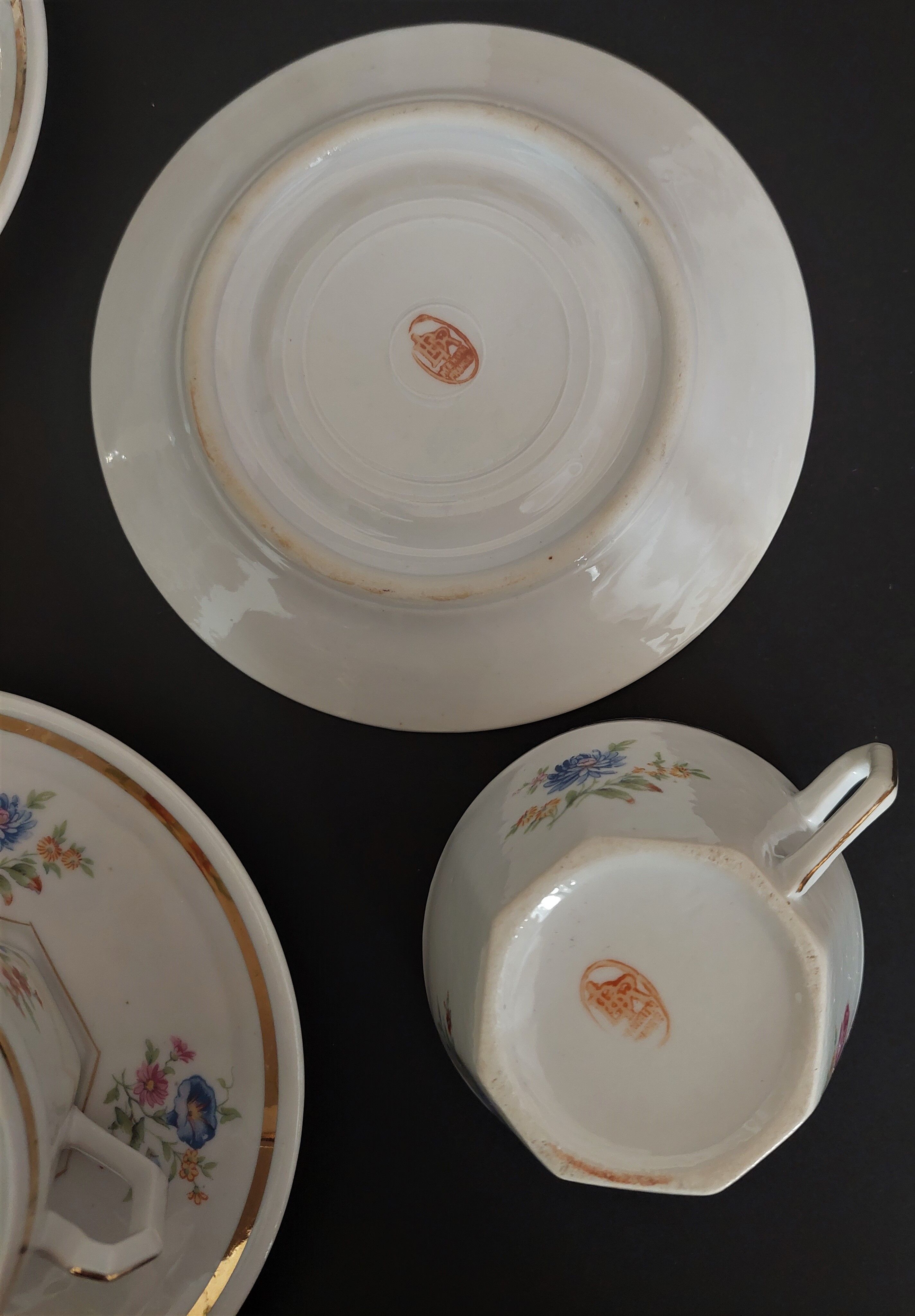 Tea set six cups Limoges porcelain floral decoration