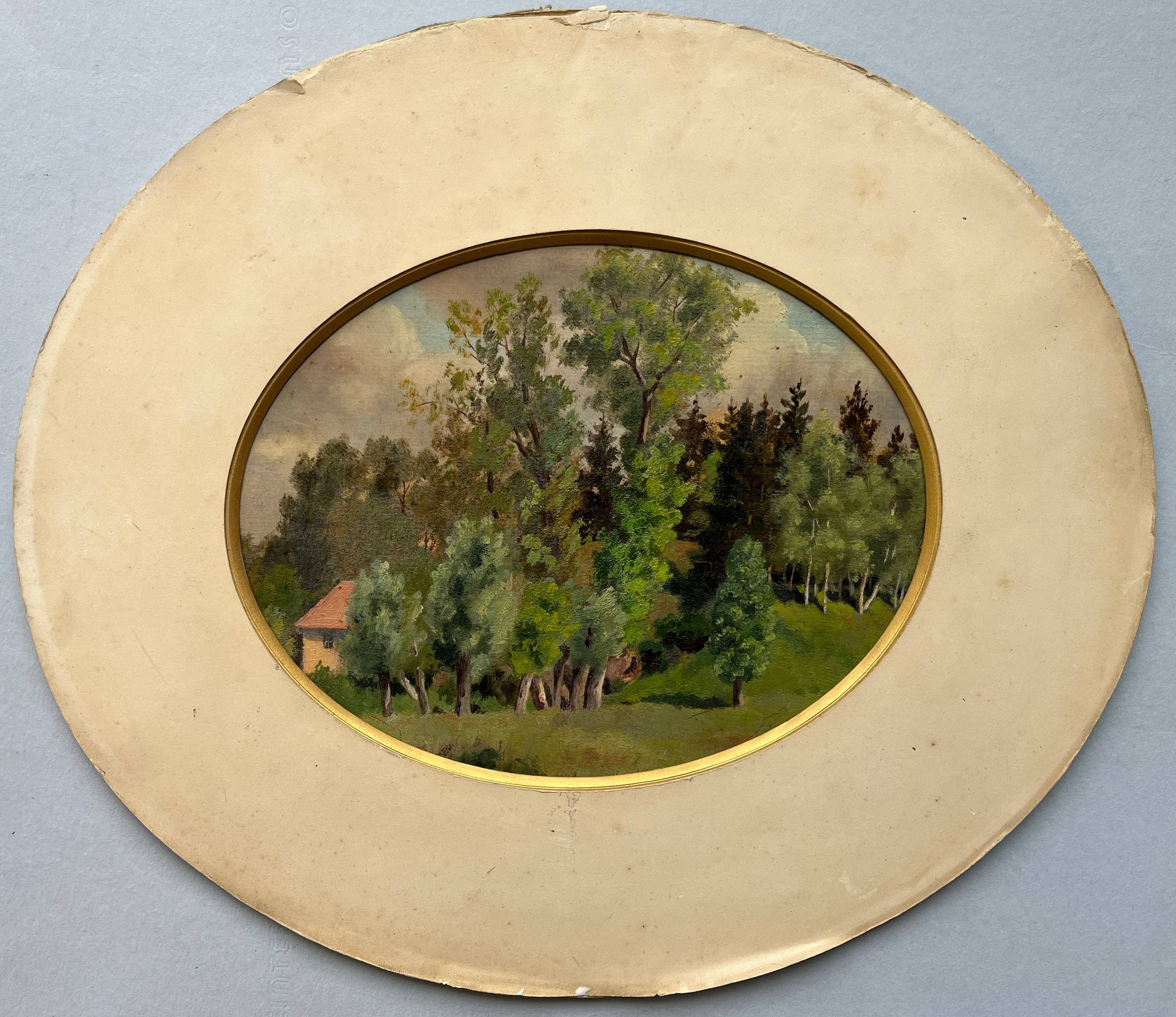 Tableau HSP "Paysage de forêt avec maison" XIX° siècle