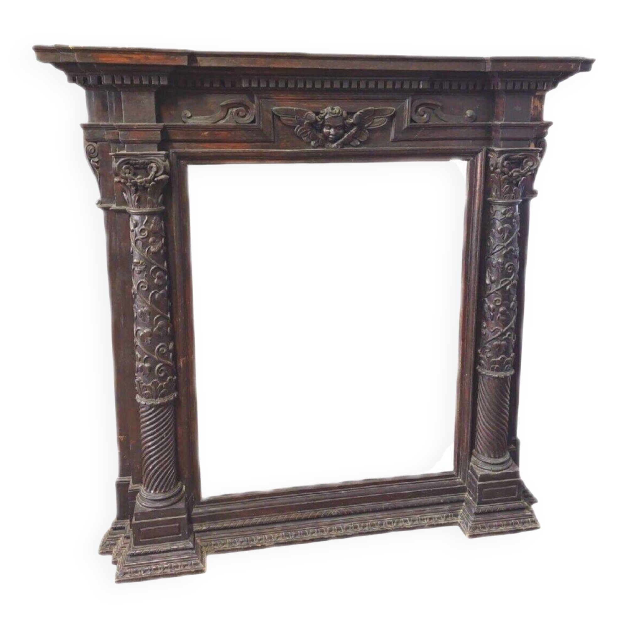 Large fireplace aedicule, carved frame, Renaissance style, 17th century, Italy