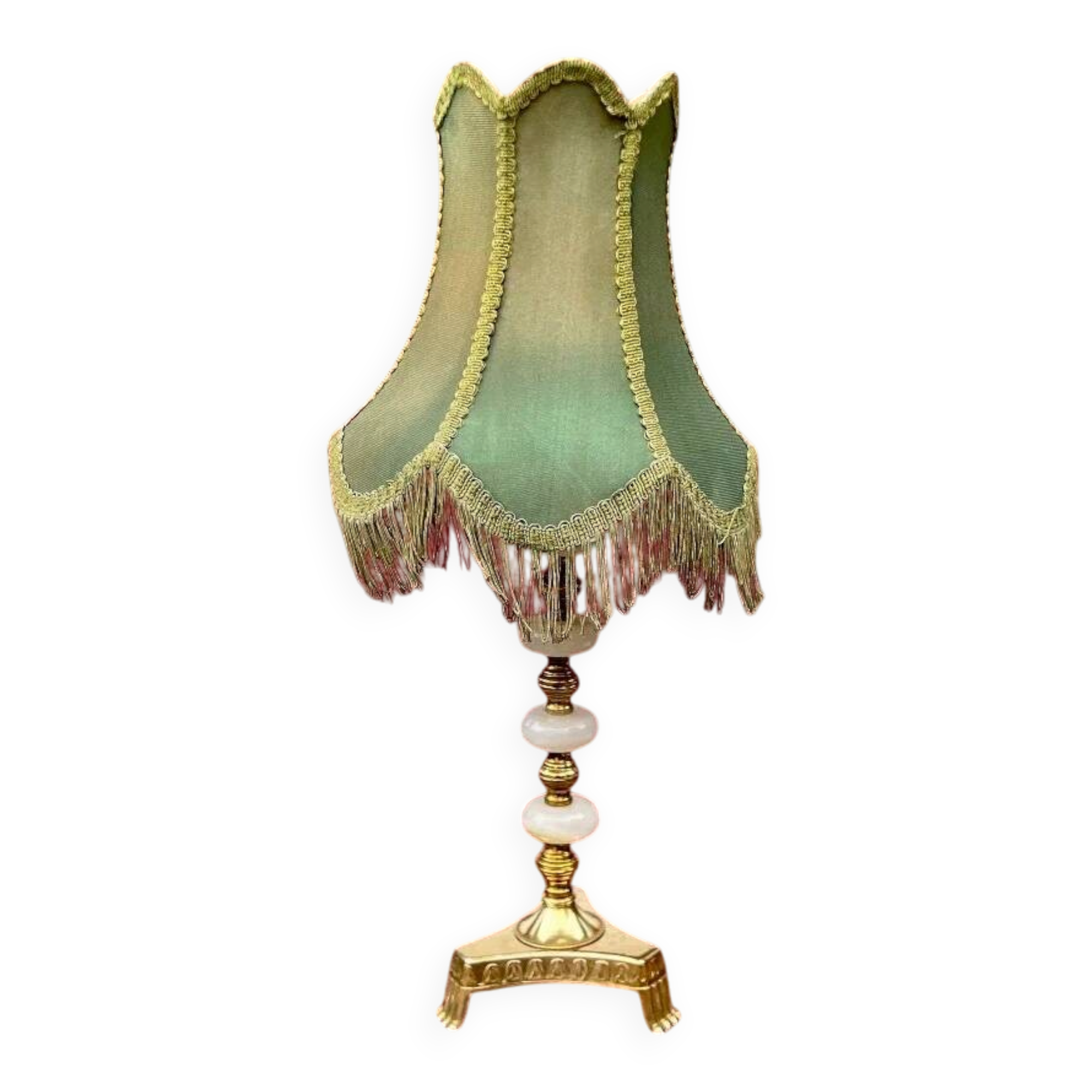 Lampe en métal doré et albâtre avec abat-jour frangé style Hollywood Regency - années 70
