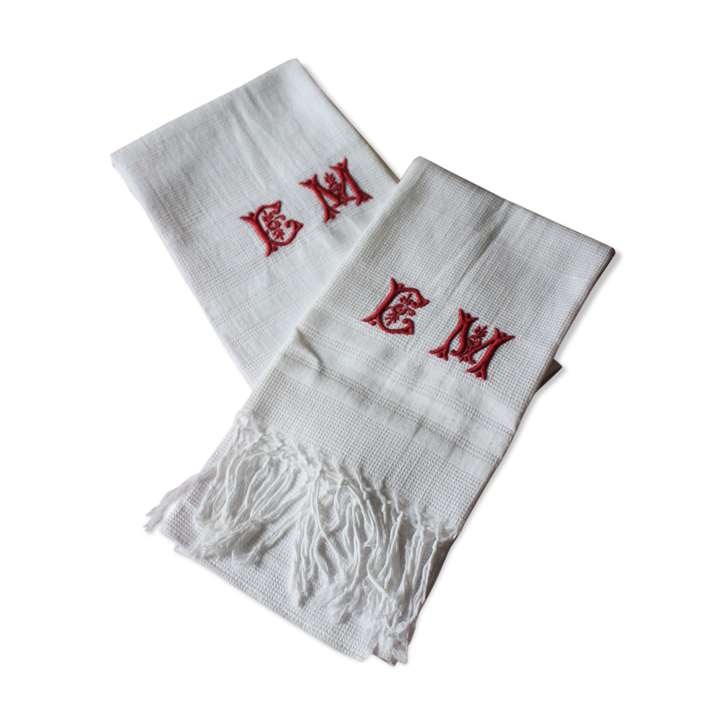 Lot 2 towel towels white honeycomb fringes monograms red E B