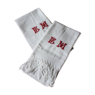 Lot 2 towel towels white honeycomb fringes monograms red E B