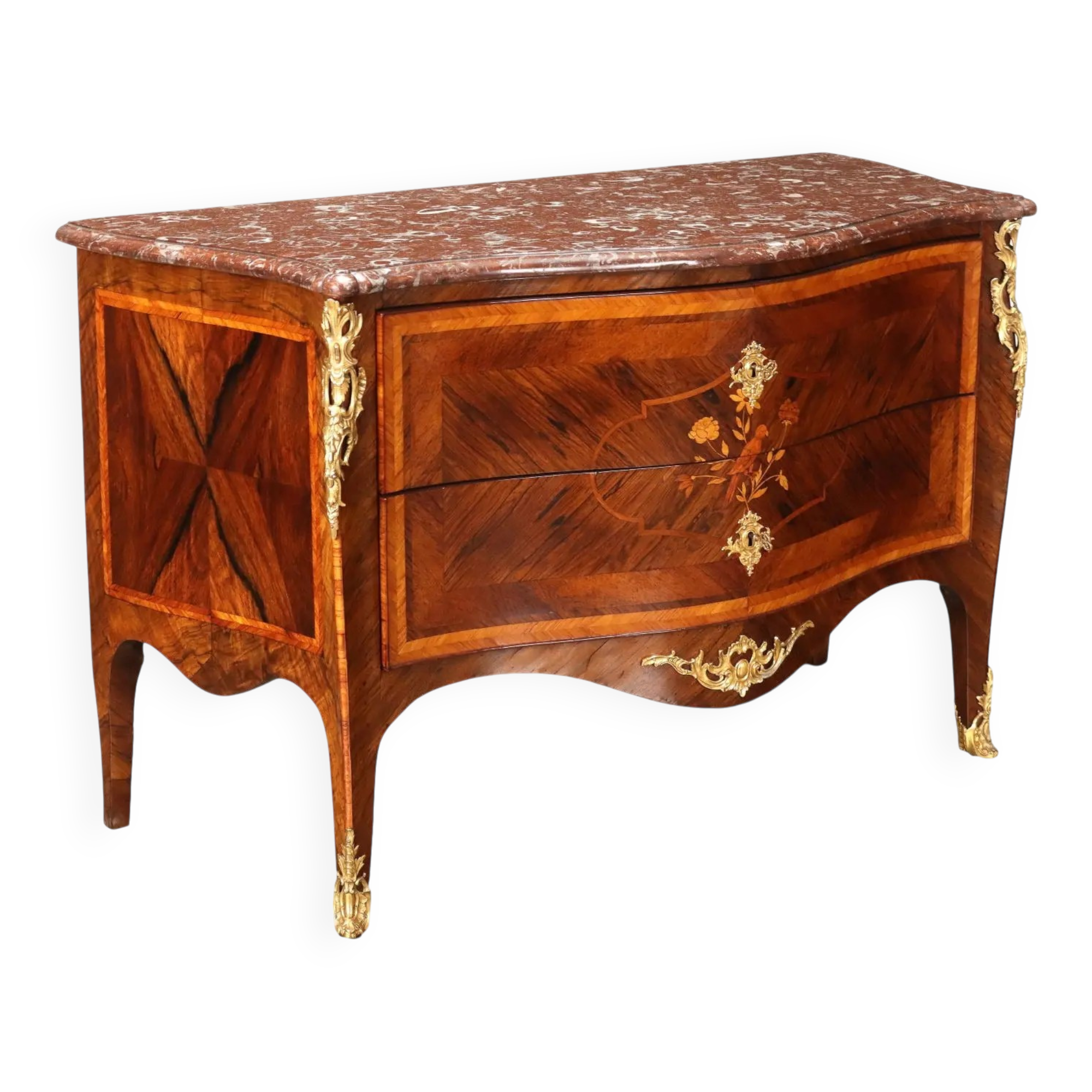 Rococo Neapolitan commode in red marble, poplar and bronze, Italy 1700.