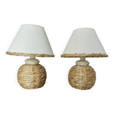 Paire de lampes de chevet en jonc de mer tressé, abat jour assortis, 1980