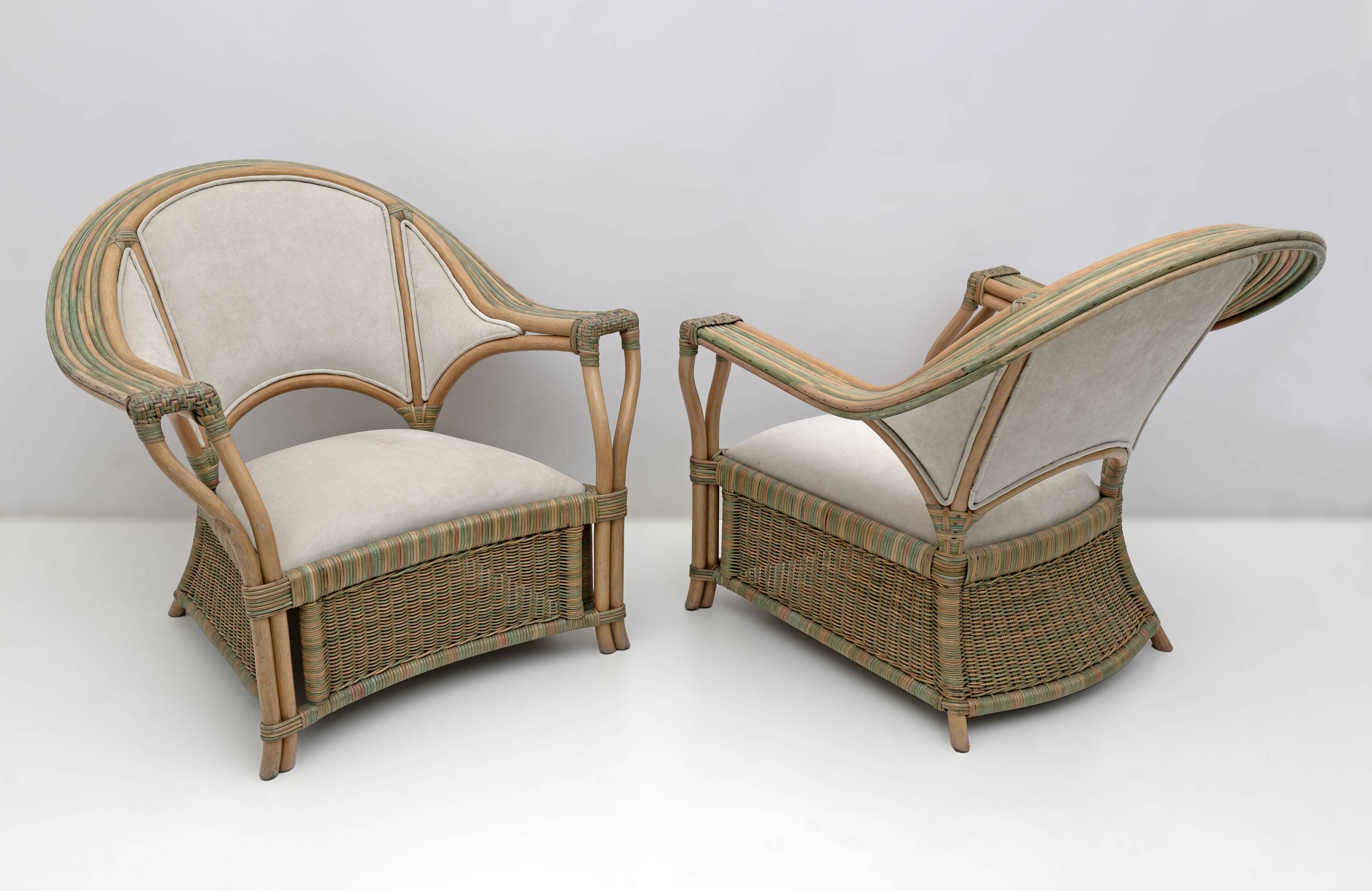 Mid-century Modern Italian Rattan and Wicker Two Armchairs and Sofa, 1970s