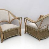 Mid-century Modern Italian Rattan and Wicker Two Armchairs and Sofa, 1970s