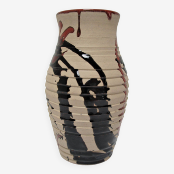 Vase grès japonisant glaçure brune signé CP H.20cm