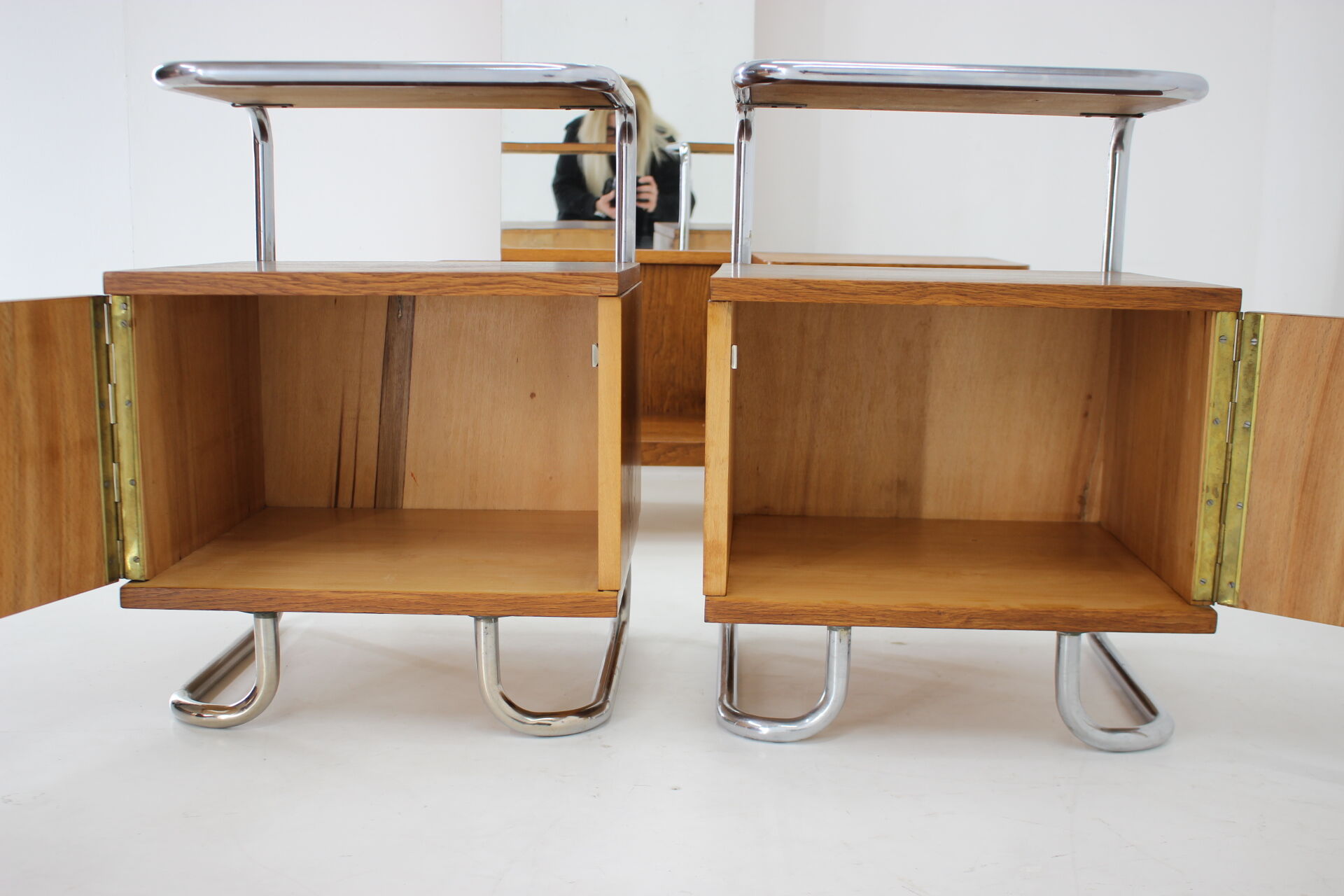 1950s Set of  Oak Bauhaus Mirror Cabinet and Bedside Tables, Czechoslovakia