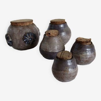 5 vintage handmade ceramic spice jars with cork stoppers