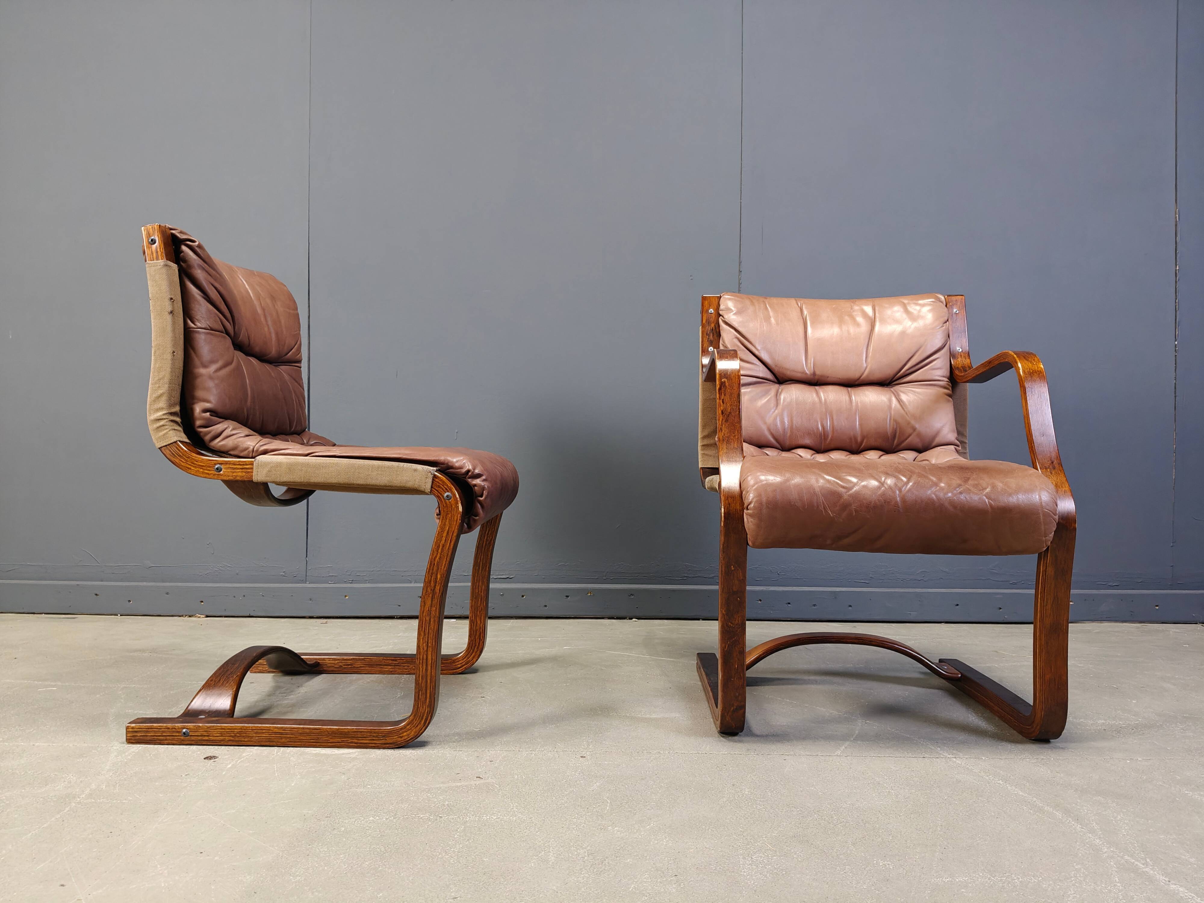 Asko Pajamies vintage leather plywood chairs from Finland, set of 6 - 1970s