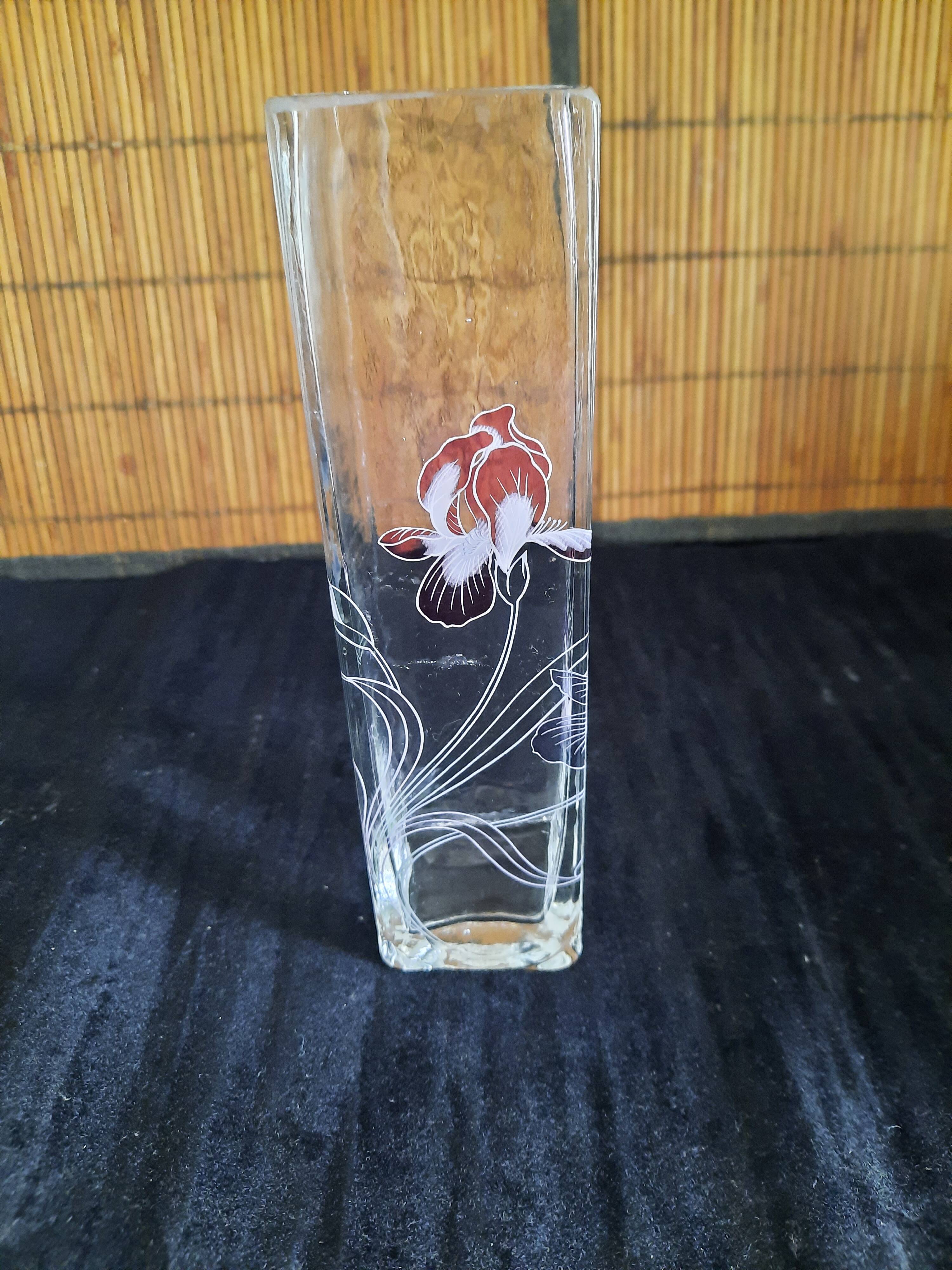 Small square glass soliflore vase - Floral iris decoration - H 19 cm