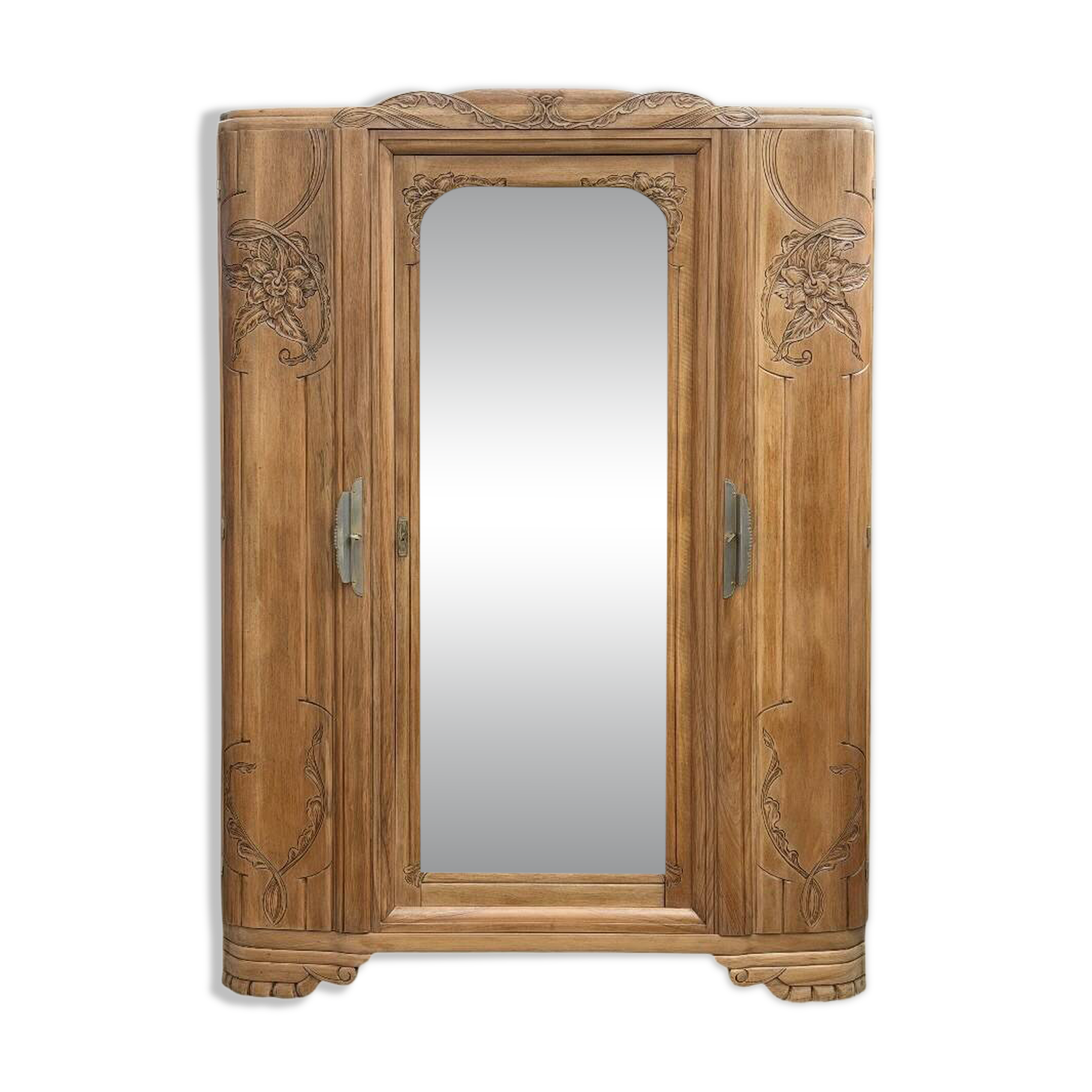 Art Deco wardrobe with bevelled mirror in solid raw walnut.