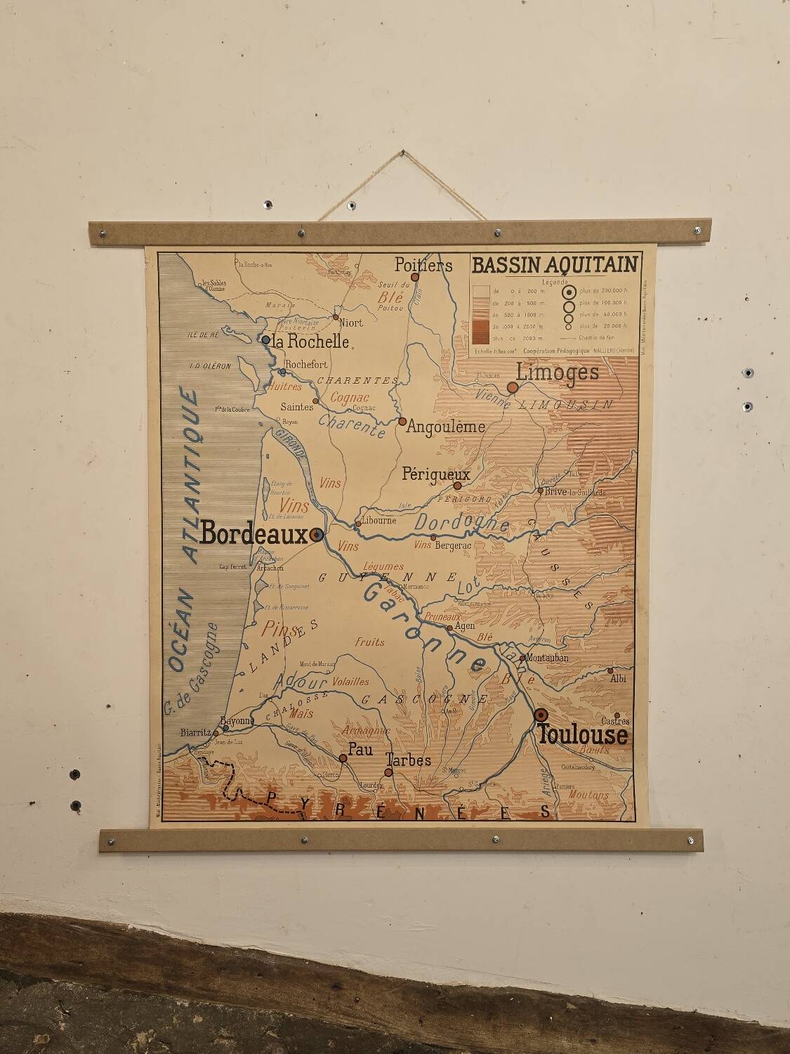 Old school geography map 1960 Atlantic Mediterranean coast