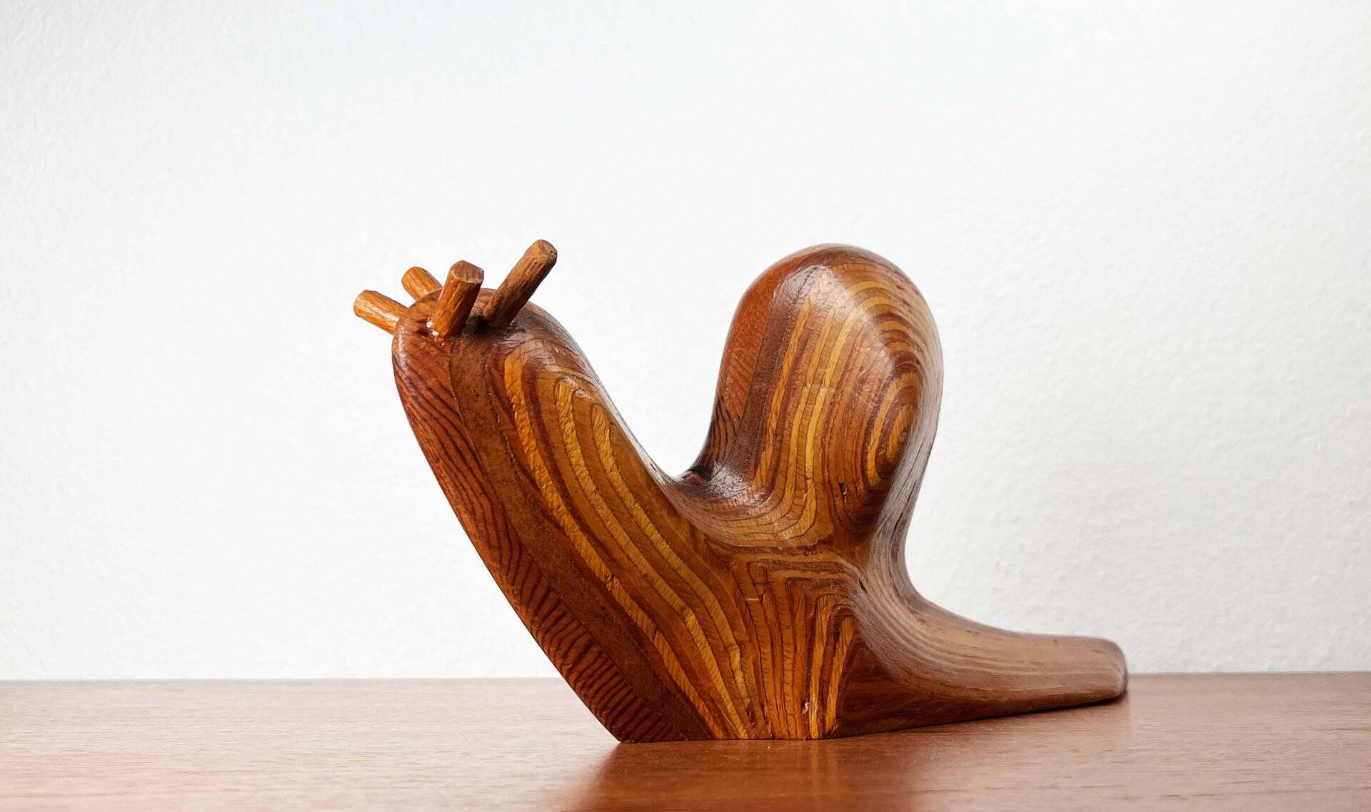 Large Danish carved wooden snail sculpture from the mid-century, 1960s.