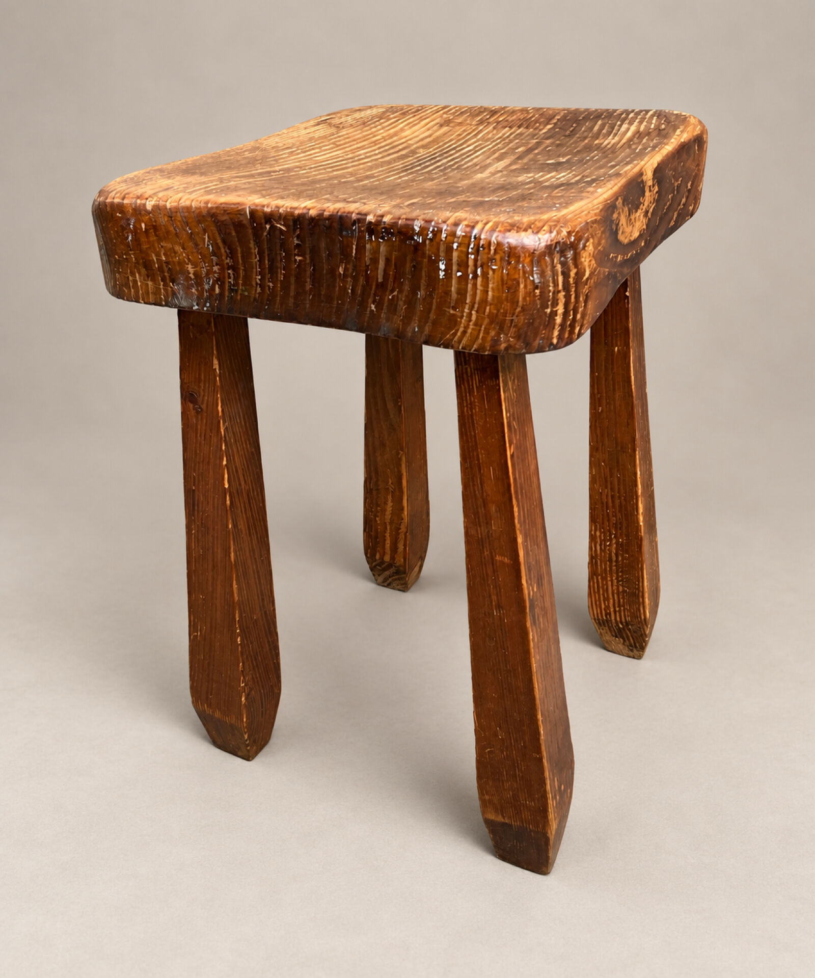 Vintage sculptural solid wood stool, brutalist style.