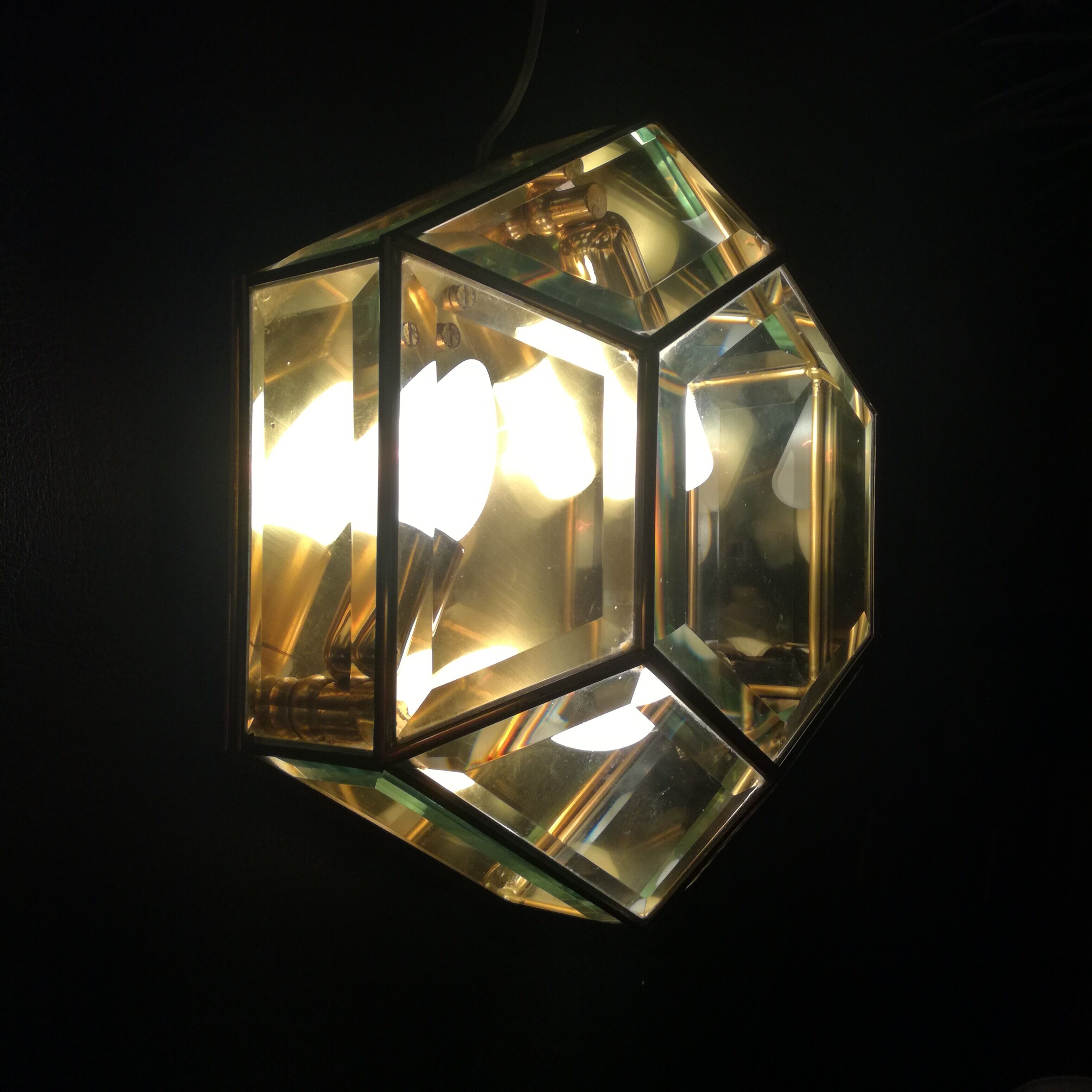 Hexagonal brass and bevelled glass ceiling light
