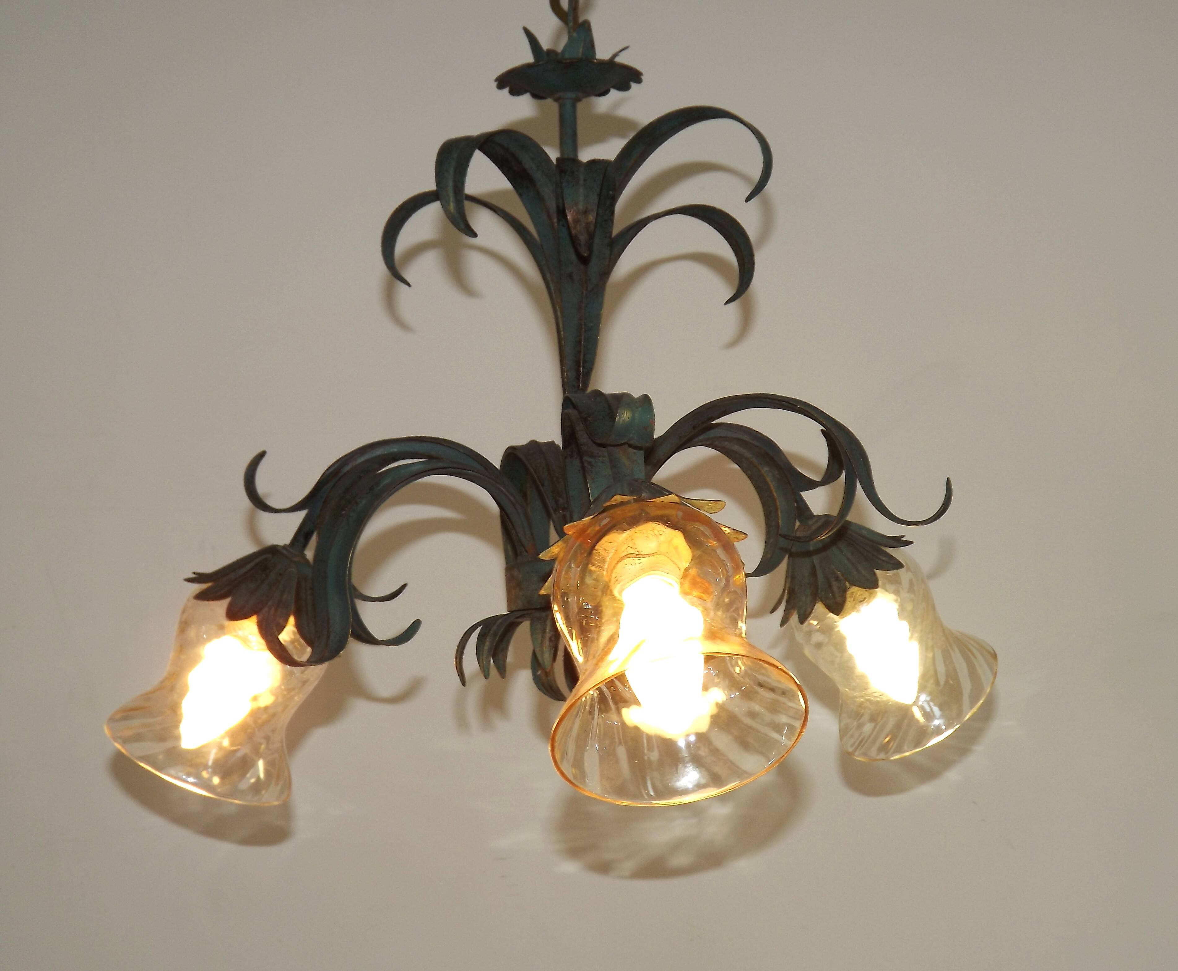 French vintage chandelier 3 lights green leaf amber glass 4966