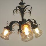 Vintage French Chandelier 3 Lights Green Leaves Amber Glass 4966