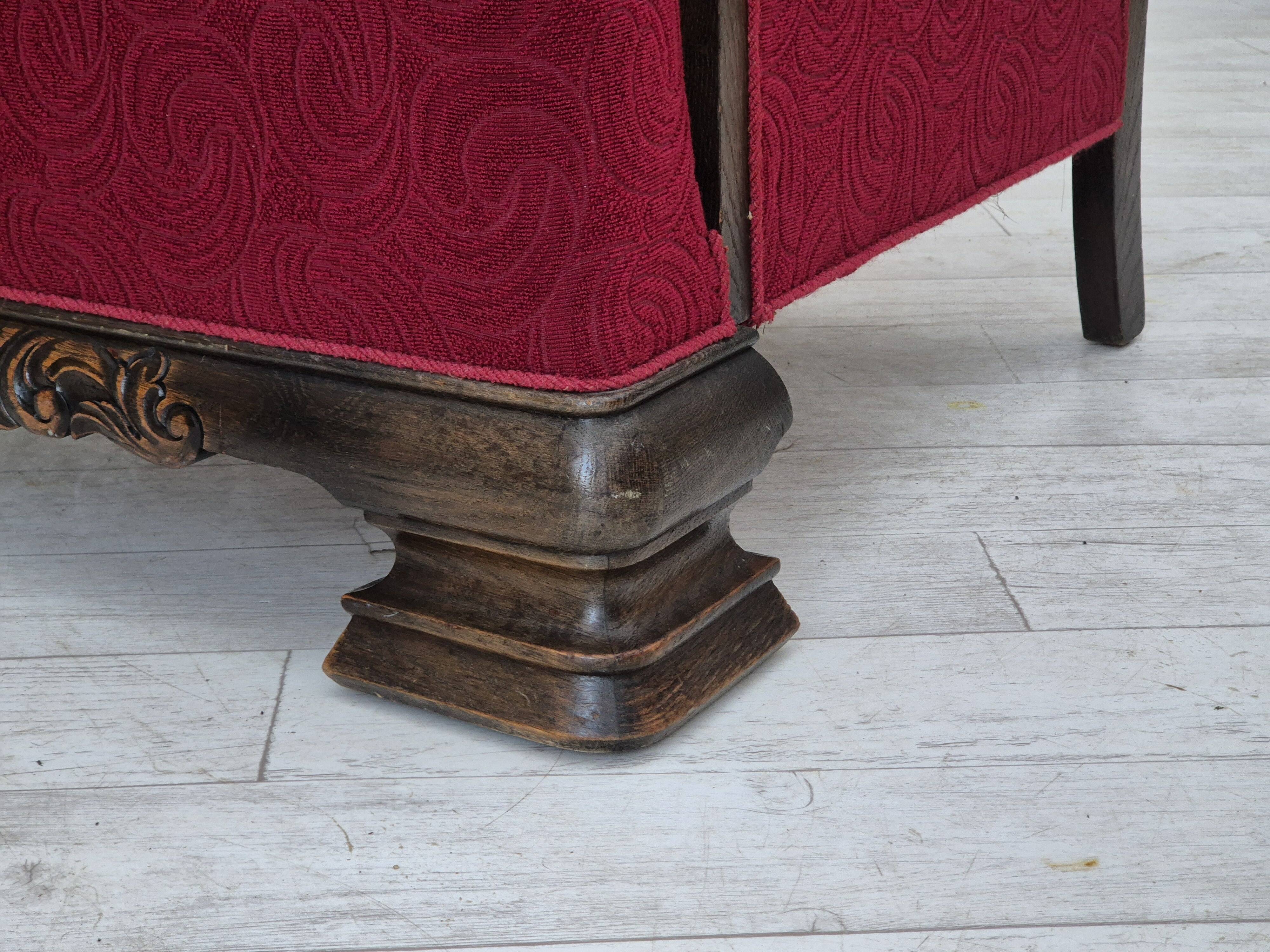 Fauteuil relax vintage danois des années 1950, tissu d'ameublement, bois de chêne, d'origine.