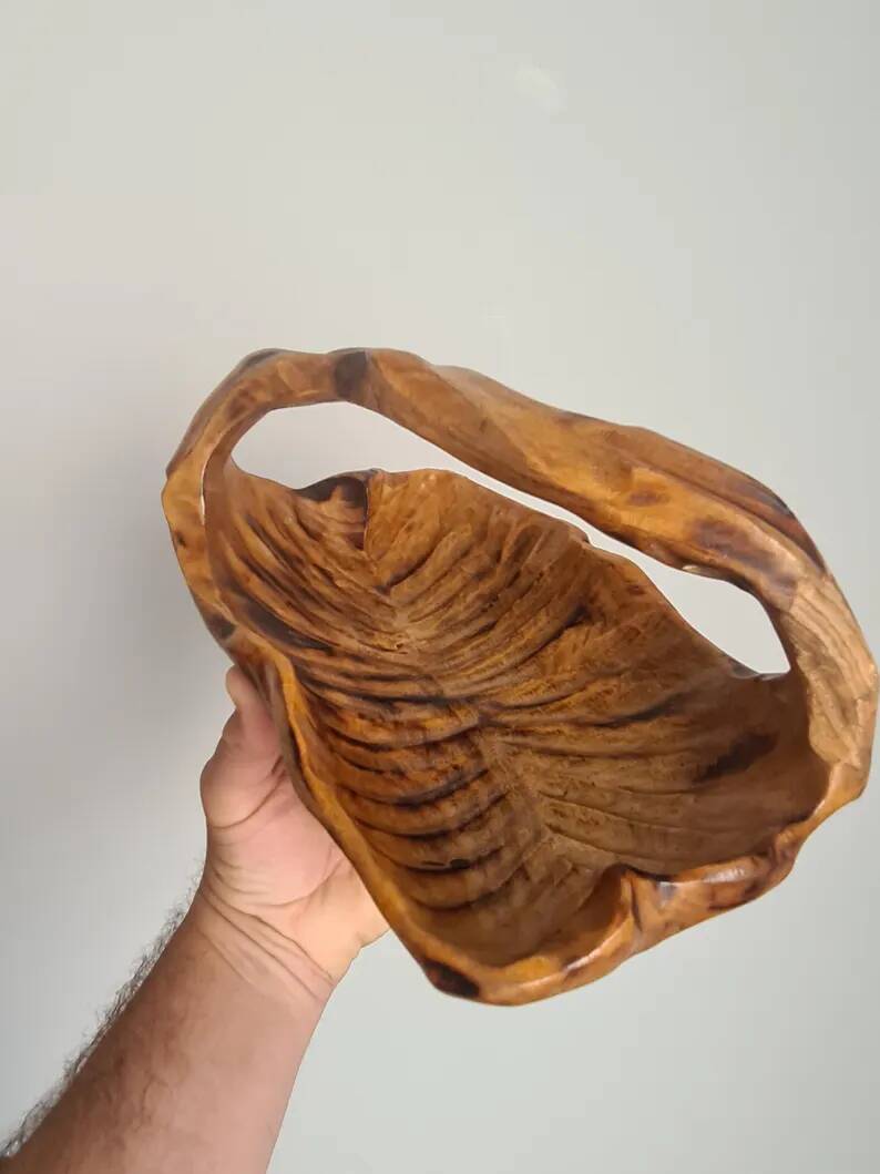 Hand-carved wooden empty pocket basket vintage French