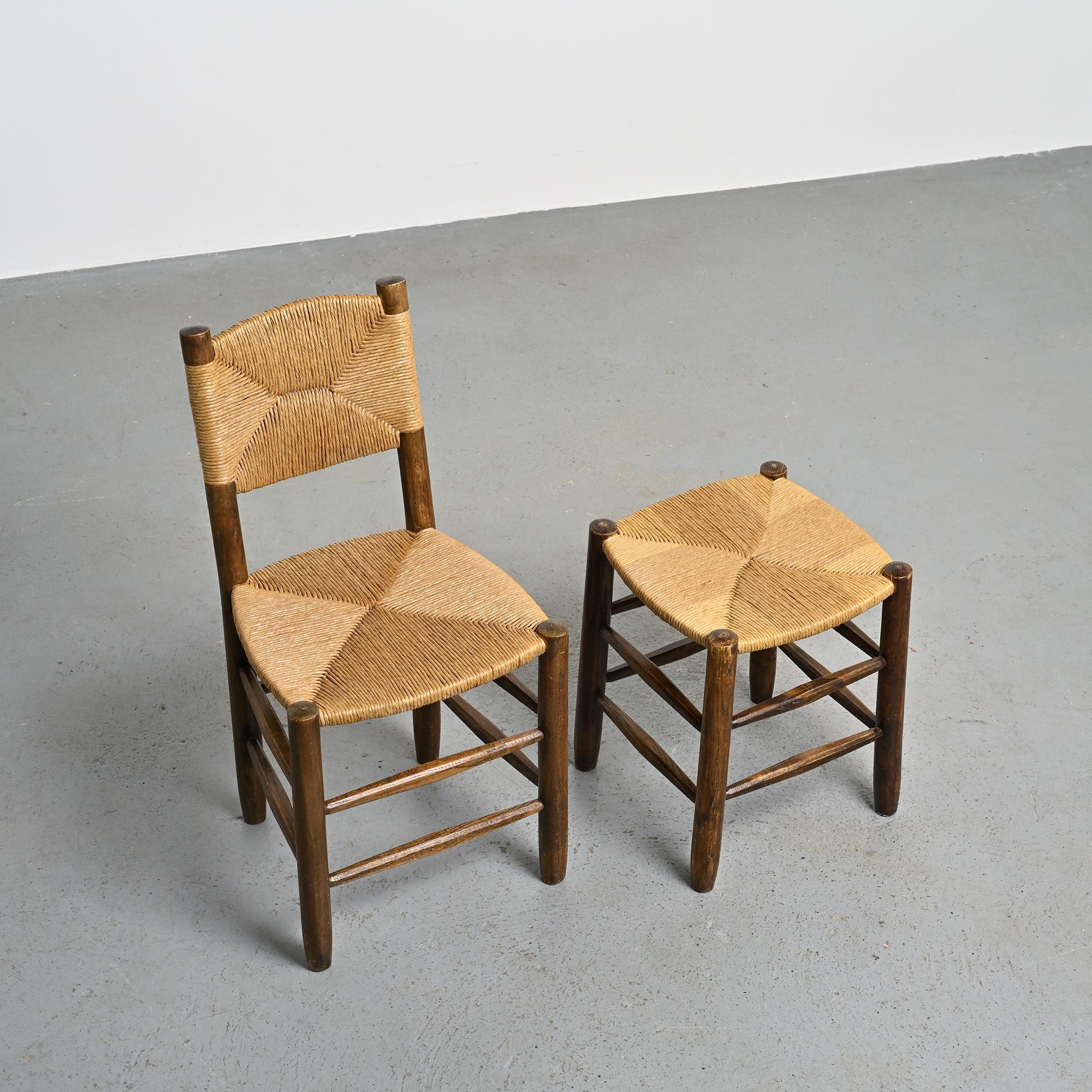 Ensemble chaise et tabouret Bauche, Charlotte Perriand pour Maison Sentou, circa 1950