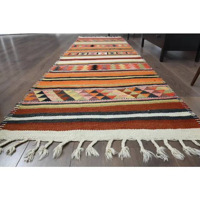Vintage Turkish Oushak Handmade Wool Cotton Orange Runner Rug 97x315