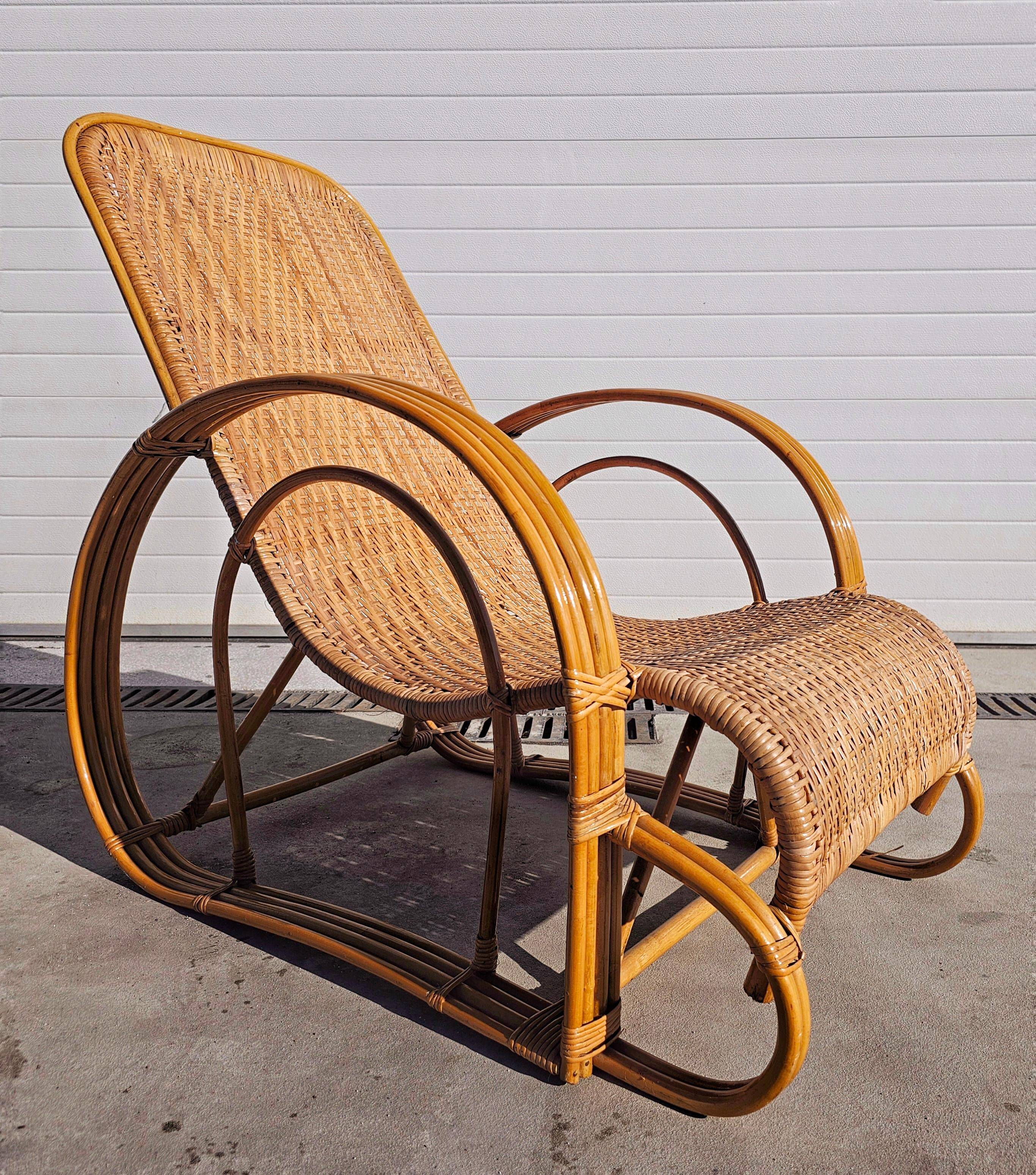 Paire de chaises longues XXL Mid Century Modern en bambou et rotin